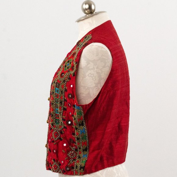 Vintage 70s M Silk Boho Beaded Vest Crop Top Red - Picture 6 of 11